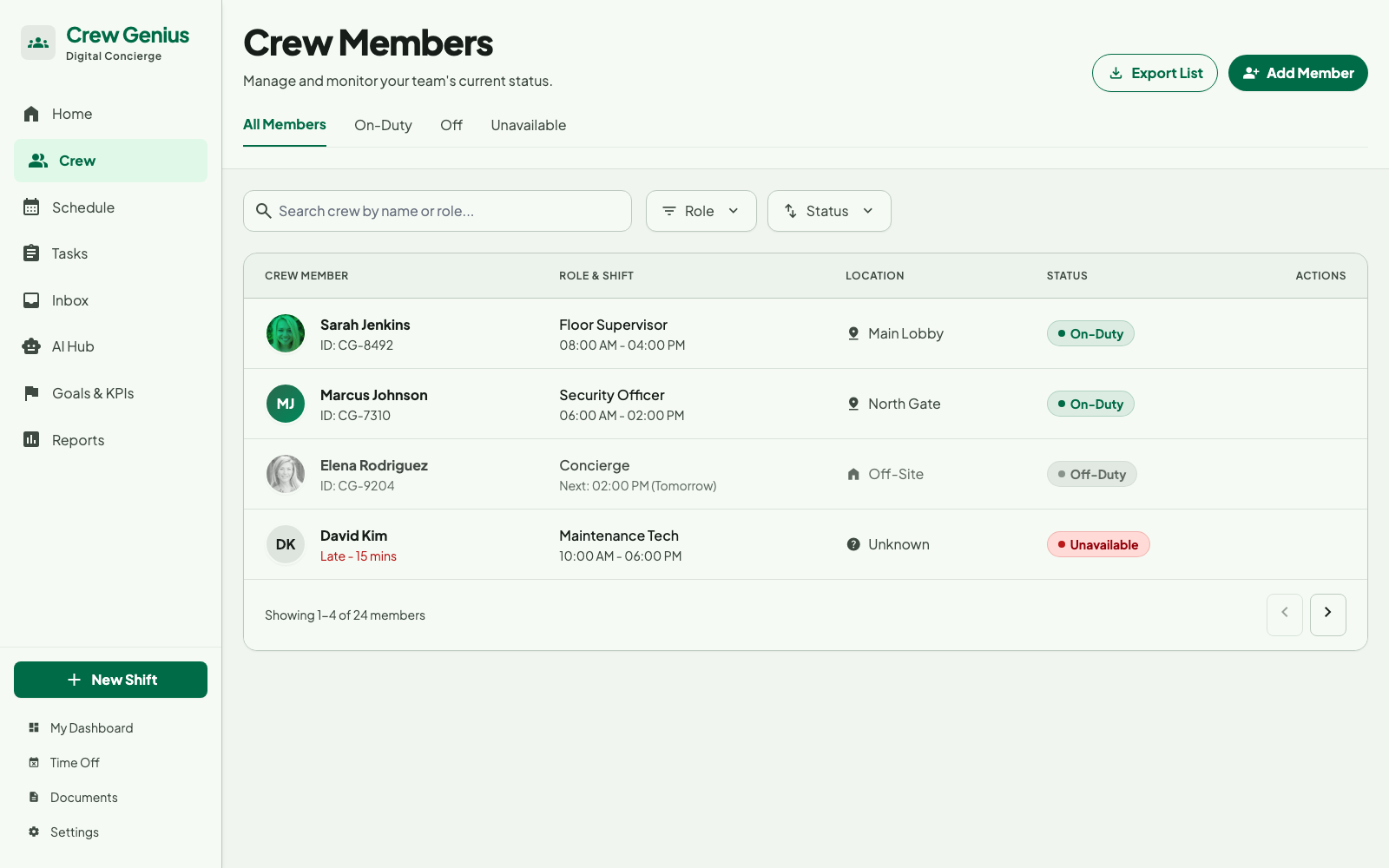 Crew member roster with profiles and availability