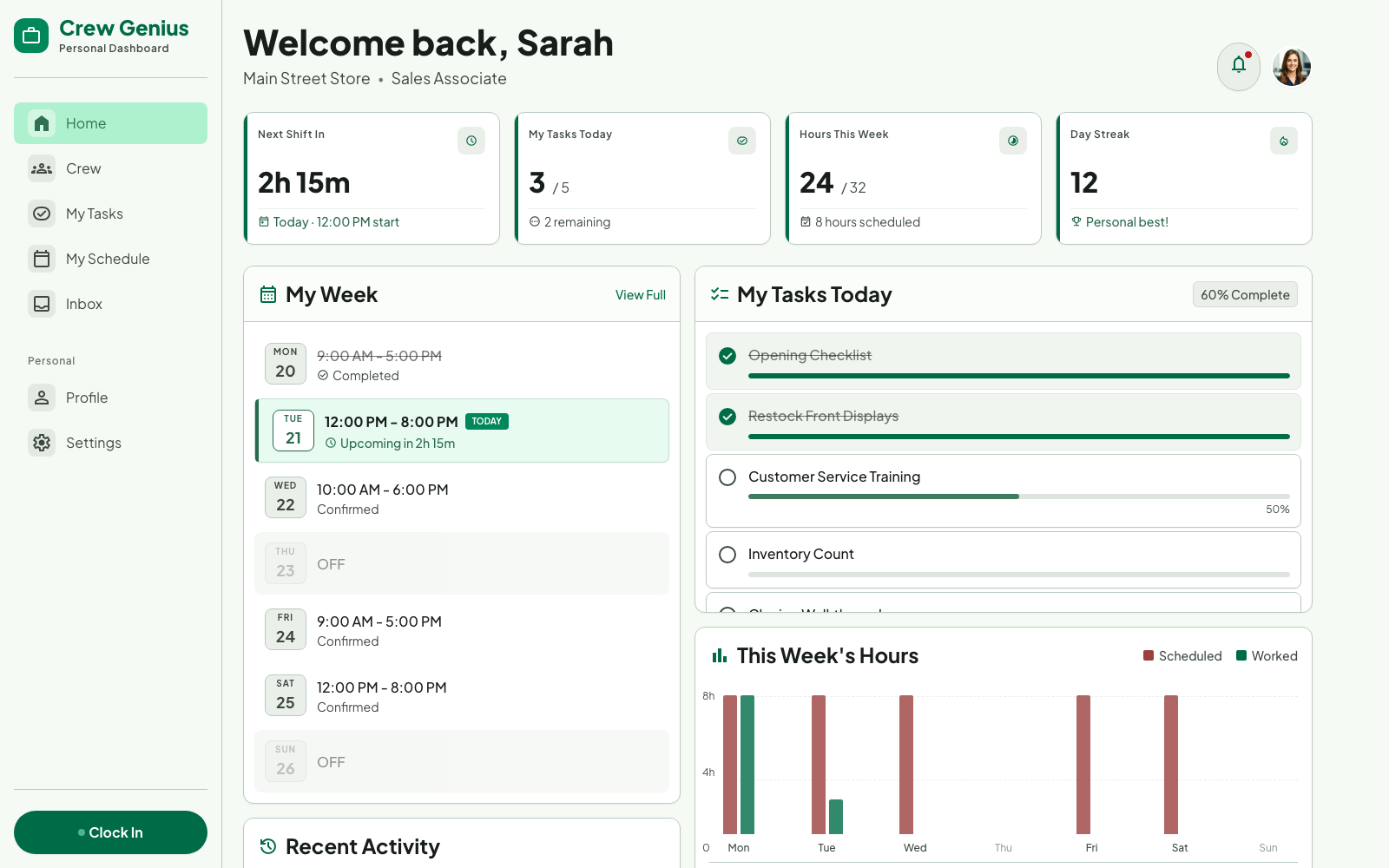 Crew member dashboard with messages, shifts, and tasks