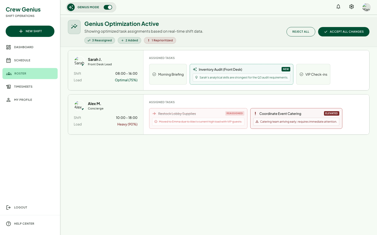 Genius mode task board with AI-suggested assignments